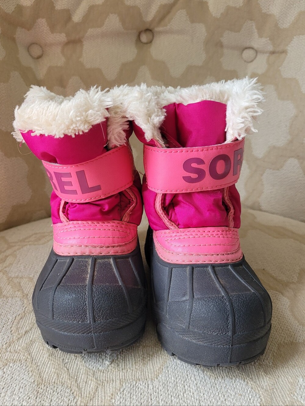 SOREL COMMANDO WINTER SNOW BOOTS EASY ON FAUX FUR TRIM PINK LITTLE KIDS 7